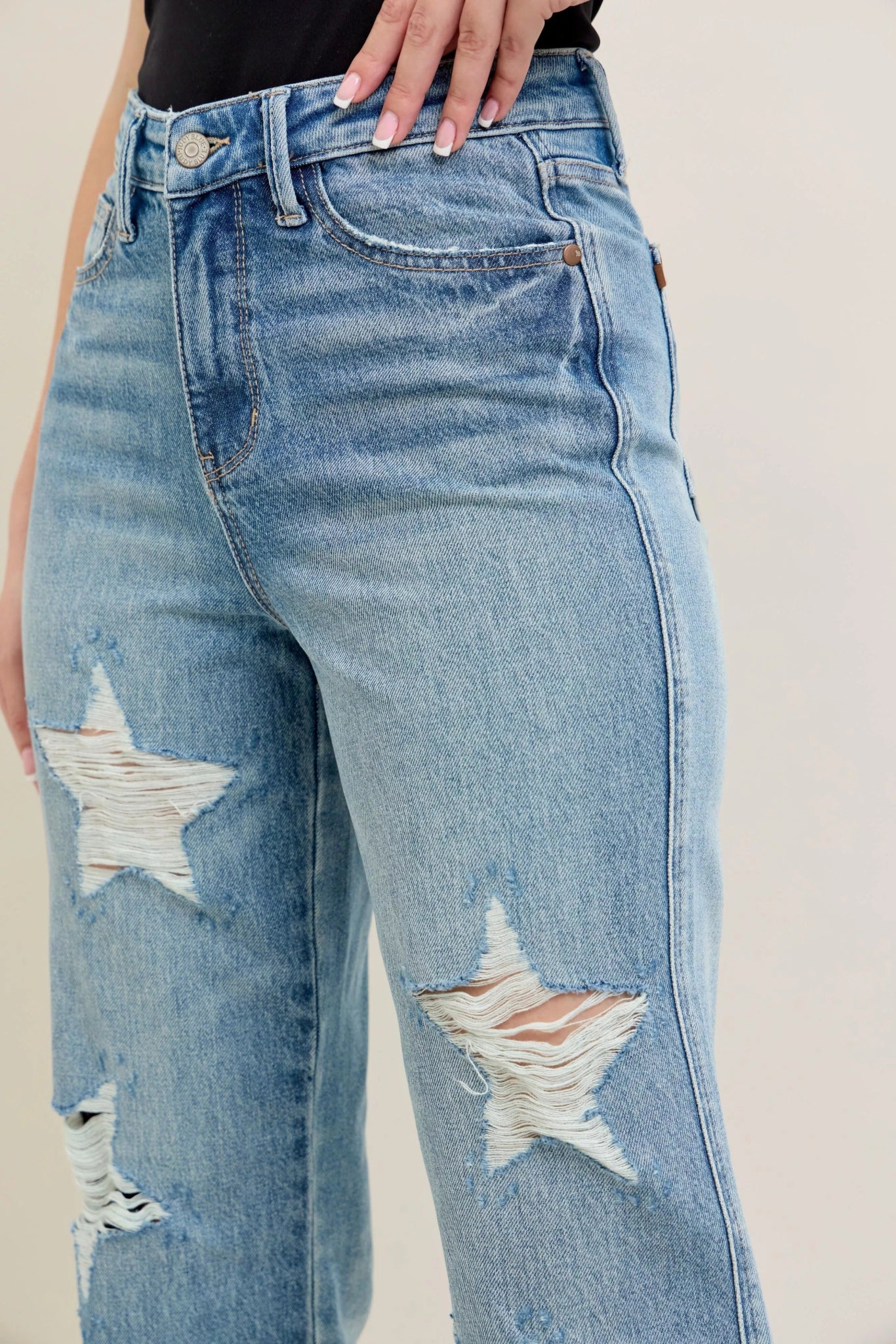 Judy Blue Full Size High Waist Rigid Magic Star Shaped Destroy 90's Straight Jeans Plus Size - Hot Hits