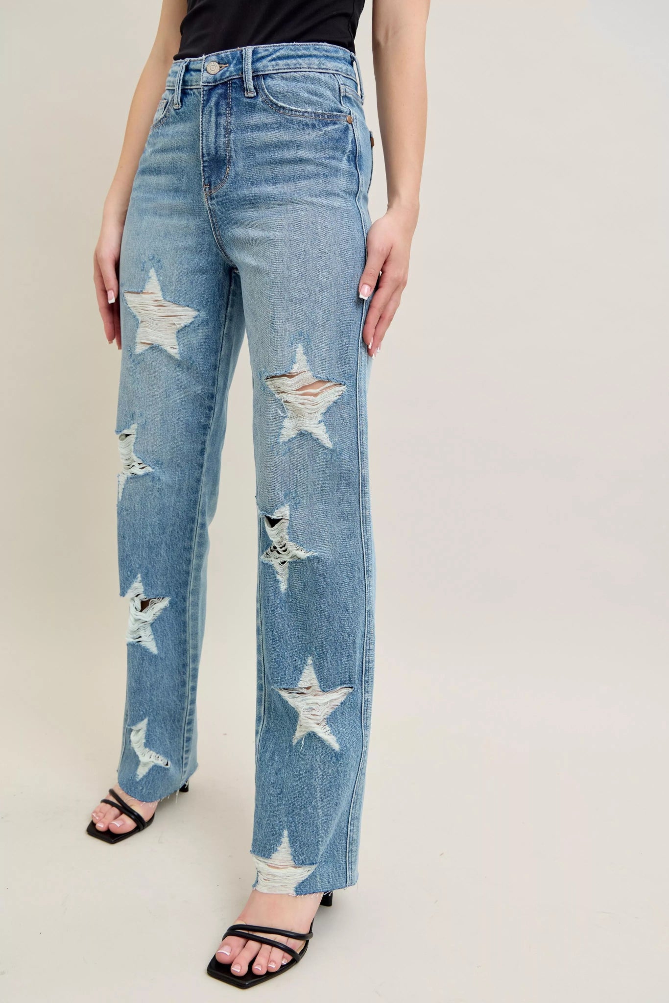 Judy Blue Full Size High Waist Rigid Magic Star Shaped Destroy 90's Straight Jeans Plus Size - Hot Hits