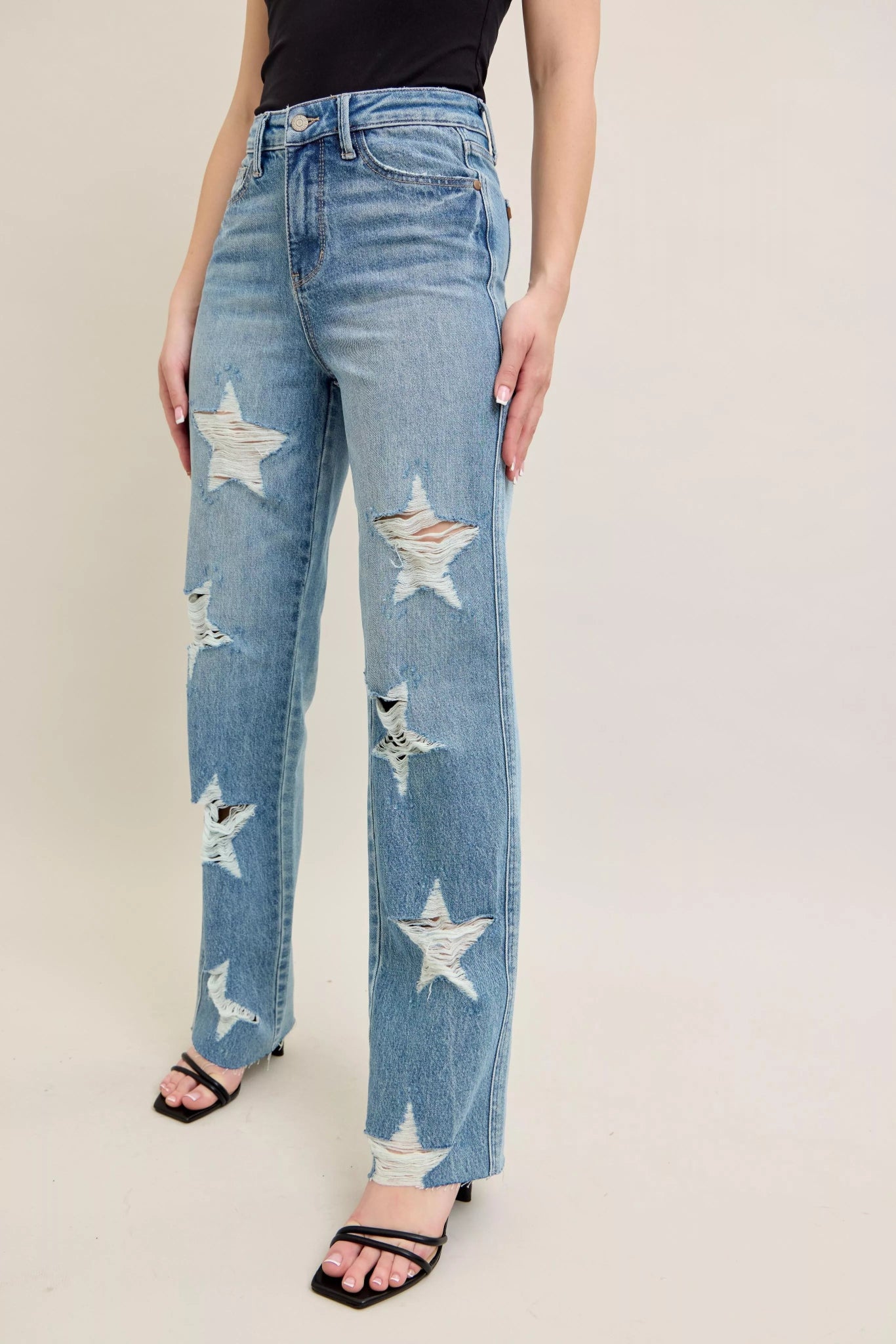 Judy Blue Full Size High Waist Rigid Magic Star Shaped Destroy 90's Straight Jeans Plus Size - Hot Hits