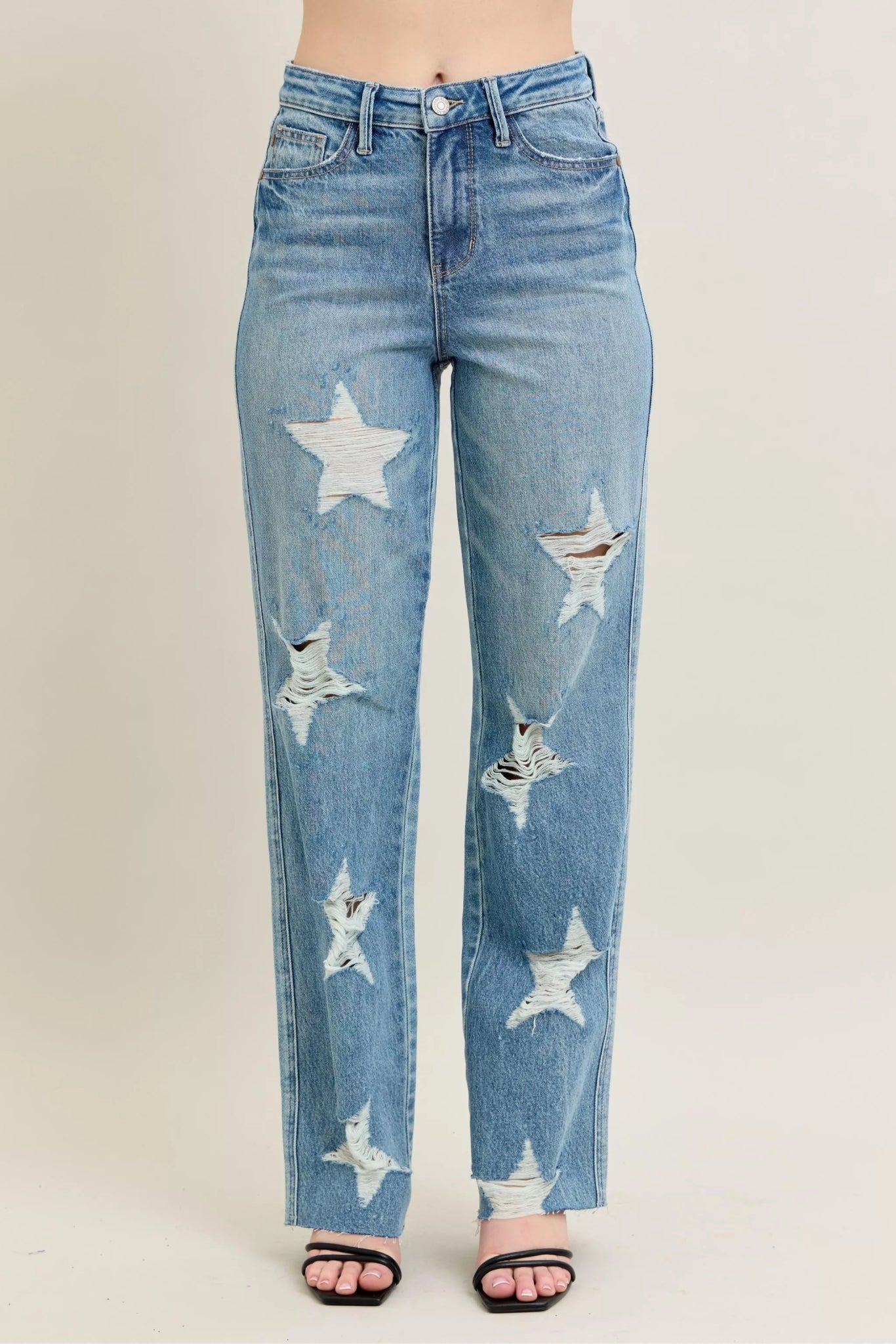 Judy Blue Full Size High Waist Rigid Magic Star Shaped Destroy 90's Straight Jeans Plus Size - Hot Hits