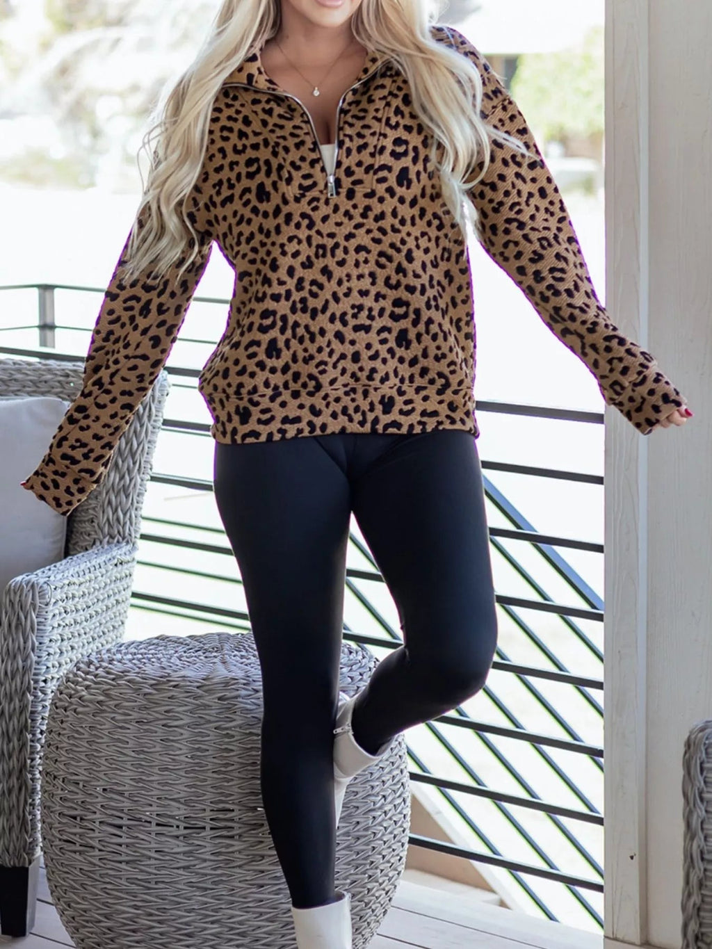 Leopard Print Quarter Zip Sweatshirt - Hot Hits