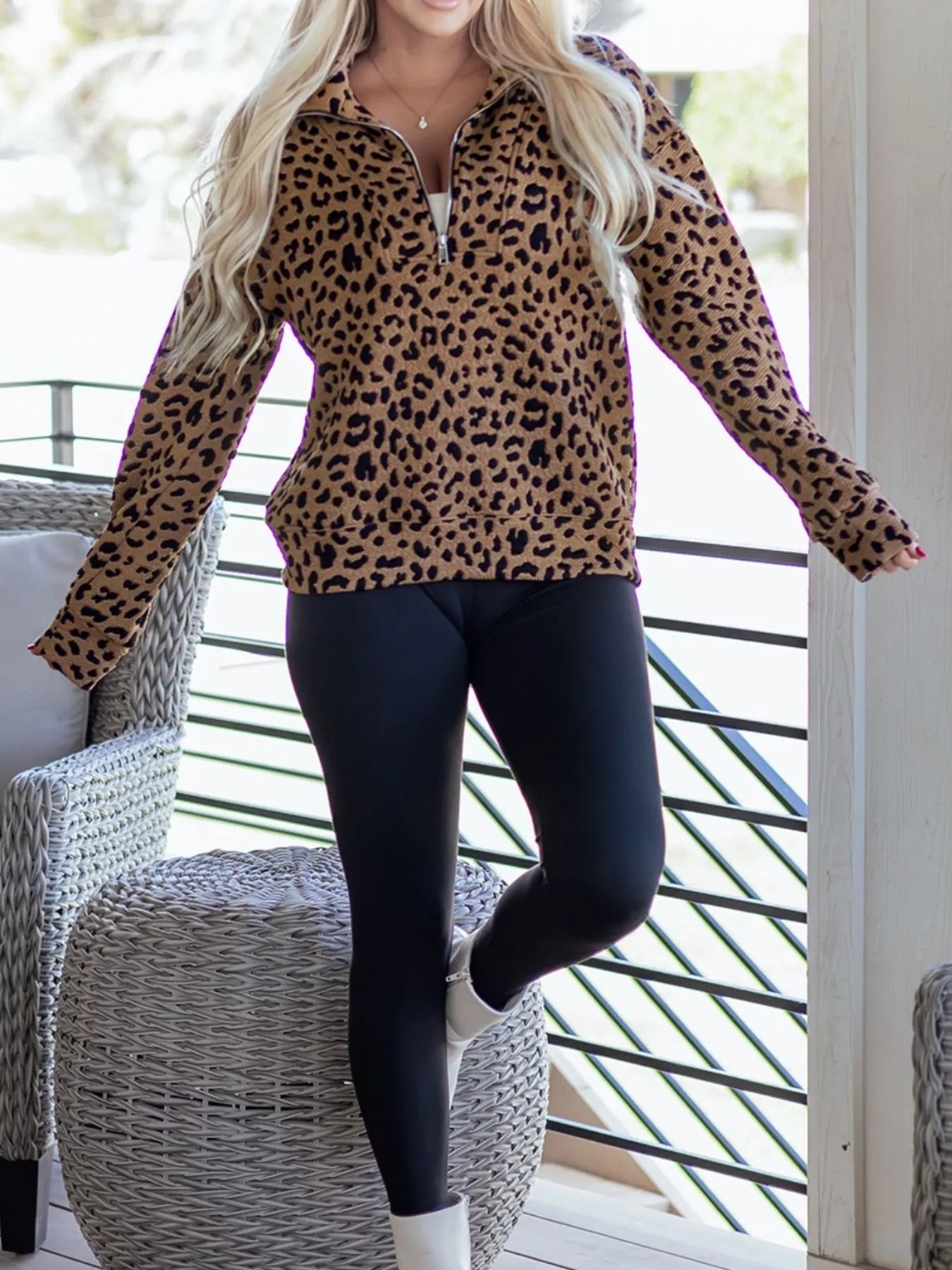 Leopard Print Quarter Zip Sweatshirt - Hot Hits
