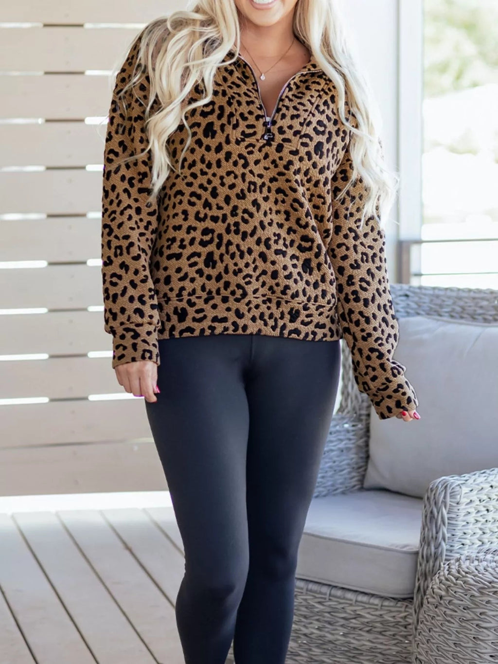 Leopard Print Quarter Zip Sweatshirt - Hot Hits