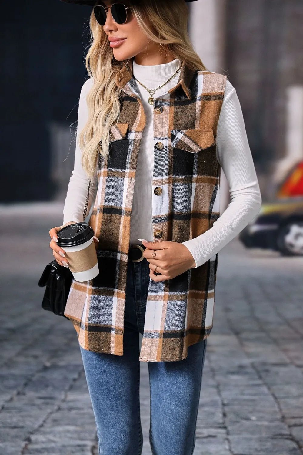 Plaid Button Up Vest Coat - Hot Hits