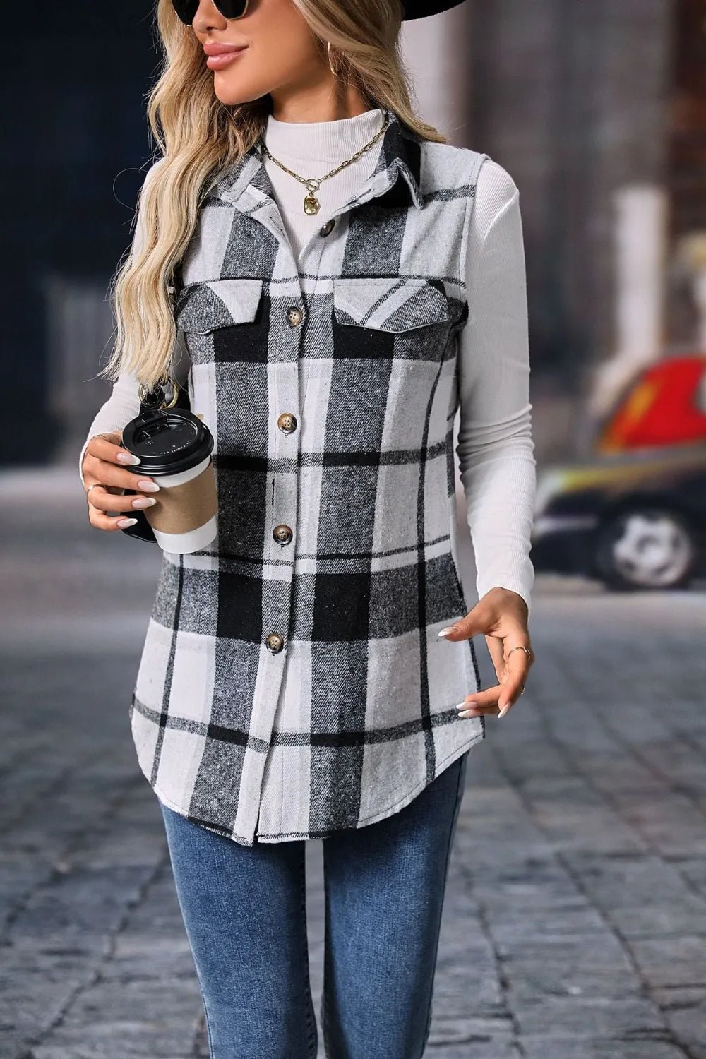 Plaid Button Up Vest Coat - Hot Hits