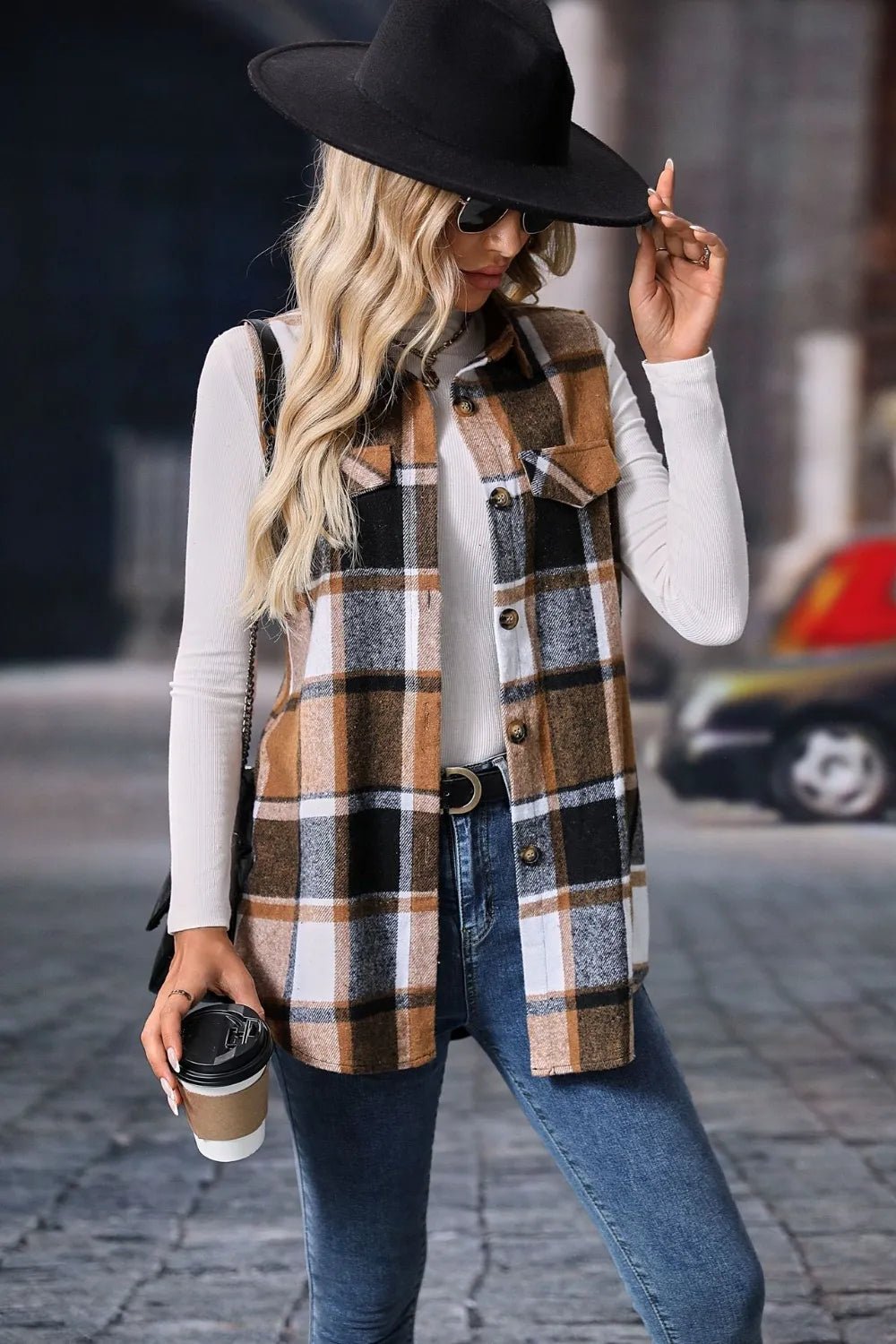 Plaid Button Up Vest Coat - Hot Hits