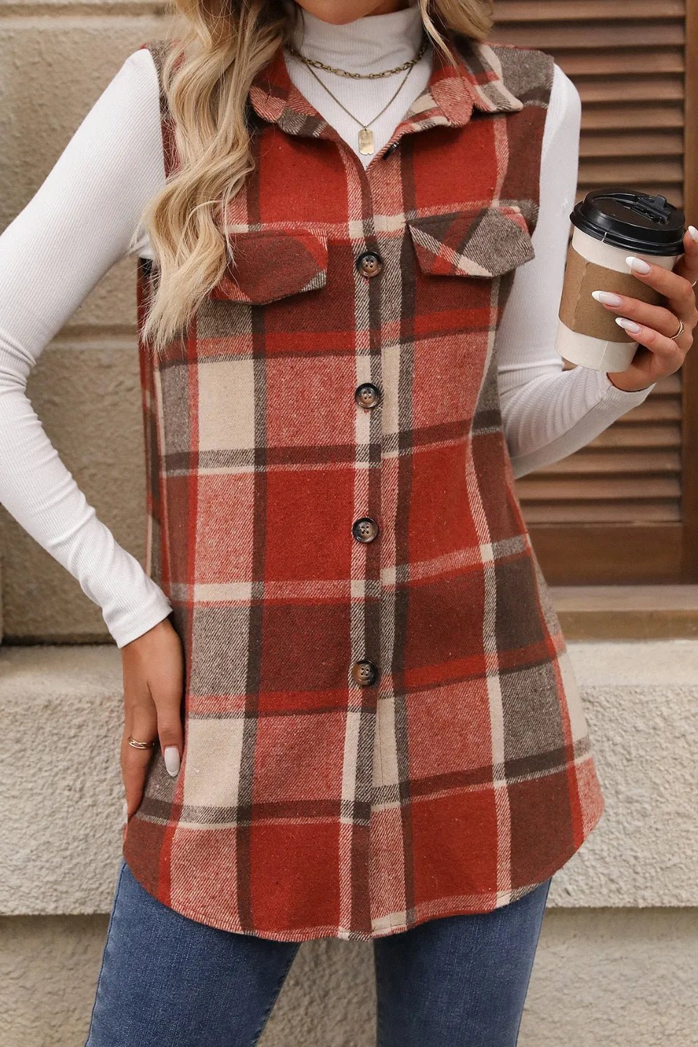 Plaid Button Up Vest Coat - Hot Hits