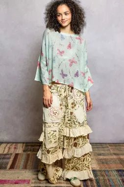 POL Butterflies Pattern Round Neck knit Top with Outseam Rolling Edge - Hot Hits