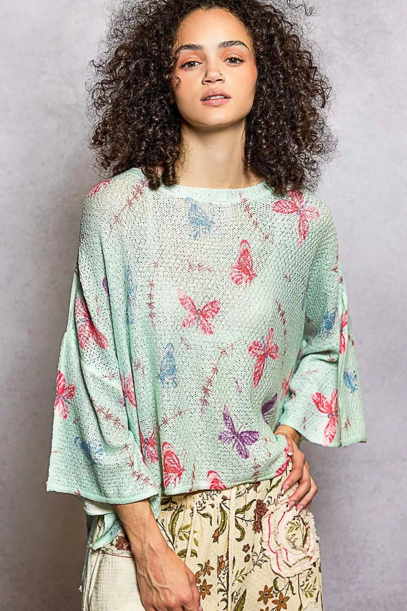 POL Butterflies Pattern Round Neck knit Top with Outseam Rolling Edge - Hot Hits