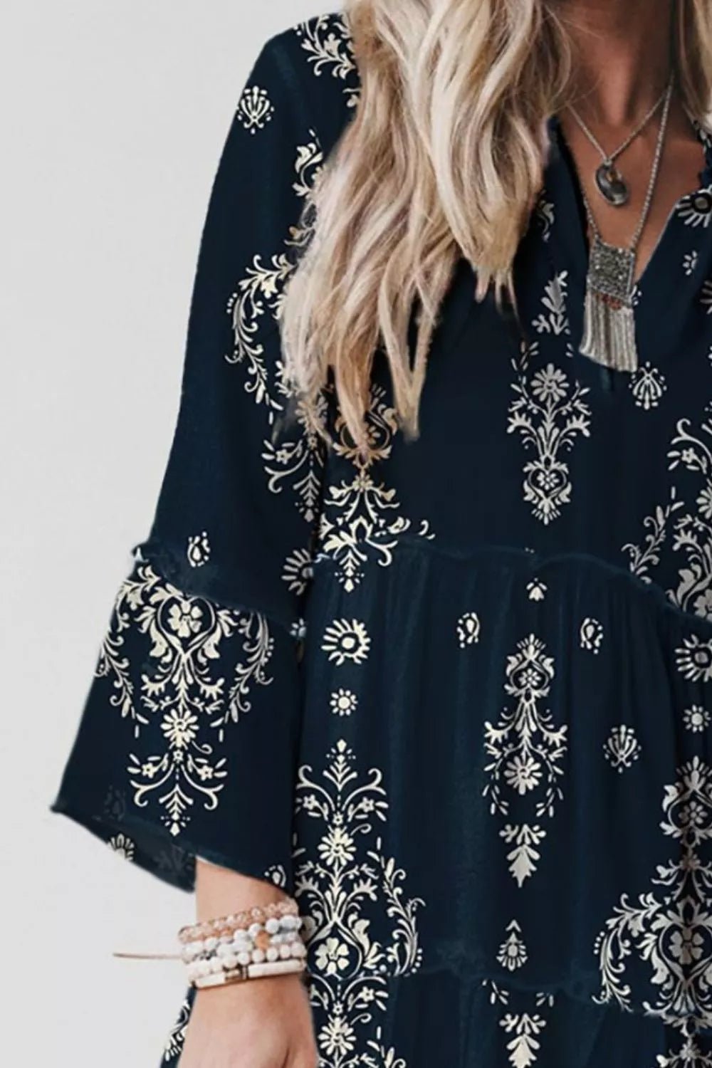 Printed Long Sleeve Tiered Mini Dress - Hot Hits