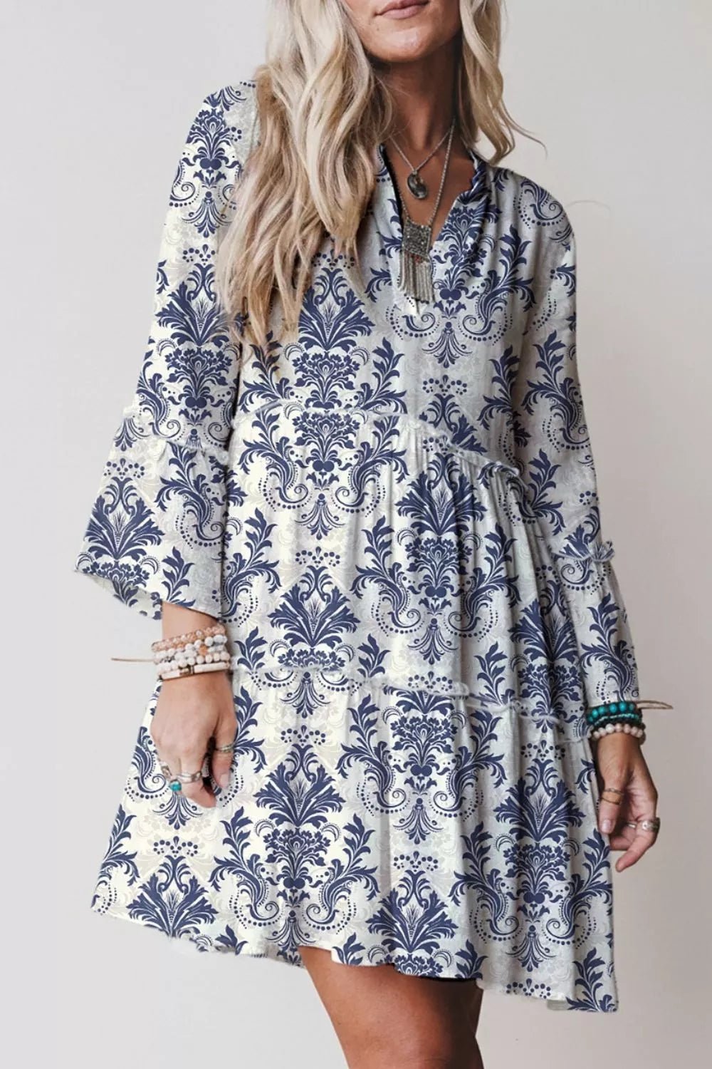Printed Long Sleeve Tiered Mini Dress - Hot Hits