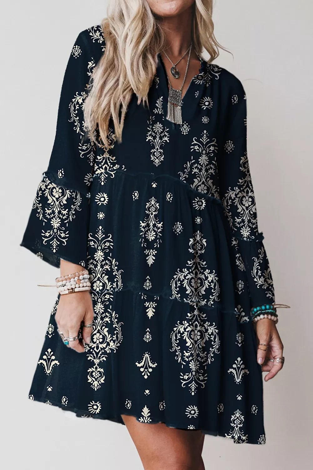 Printed Long Sleeve Tiered Mini Dress - Hot Hits