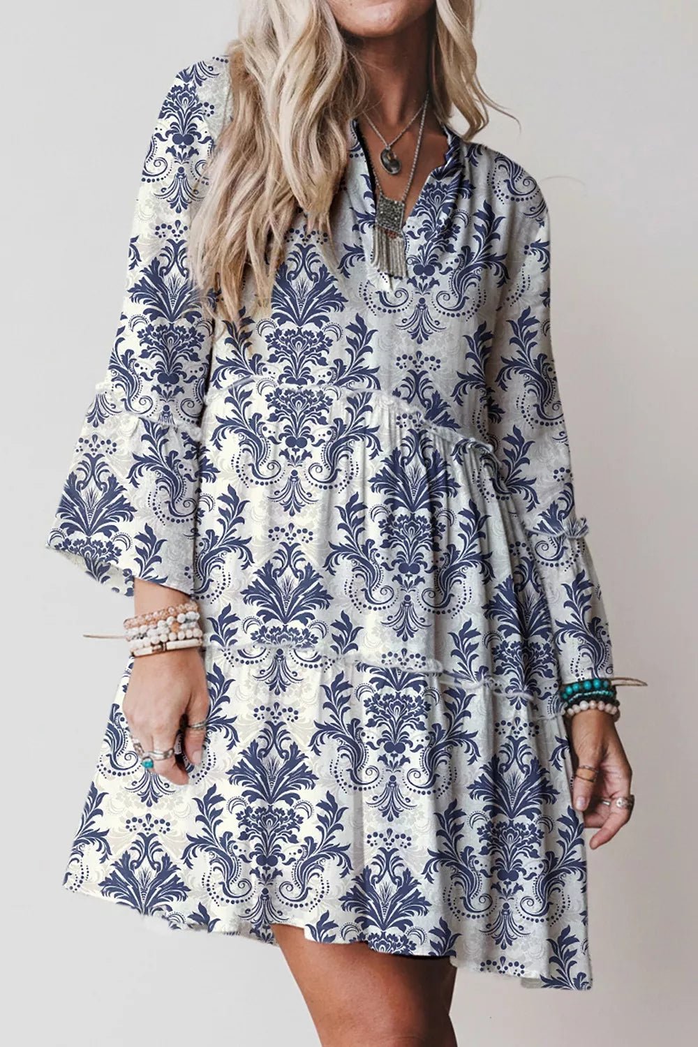 Printed Long Sleeve Tiered Mini Dress - Hot Hits
