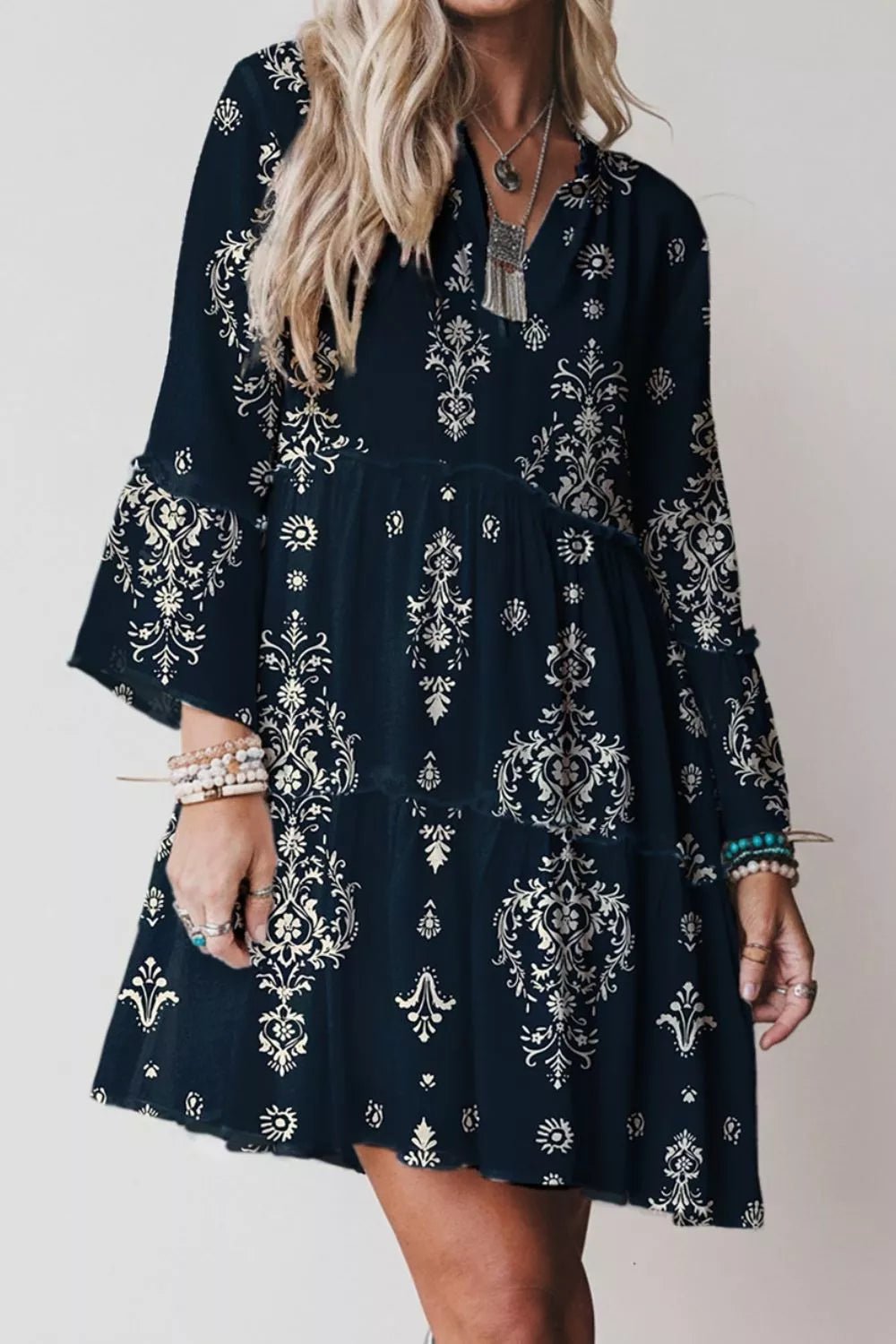 Printed Long Sleeve Tiered Mini Dress - Hot Hits