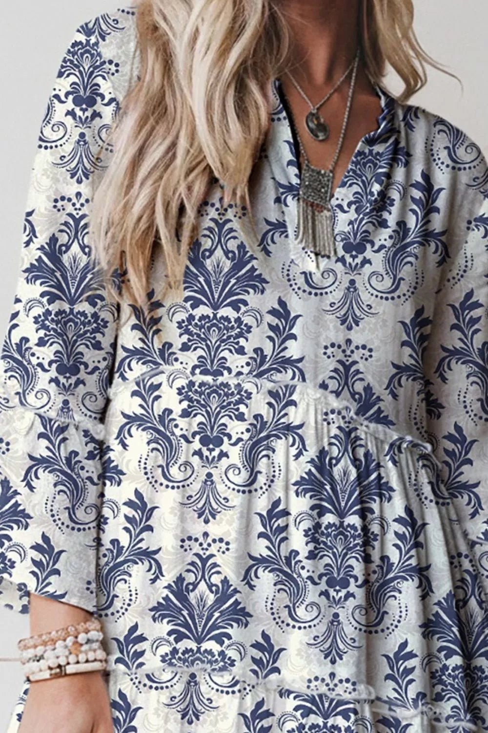 Printed Long Sleeve Tiered Mini Dress - Hot Hits