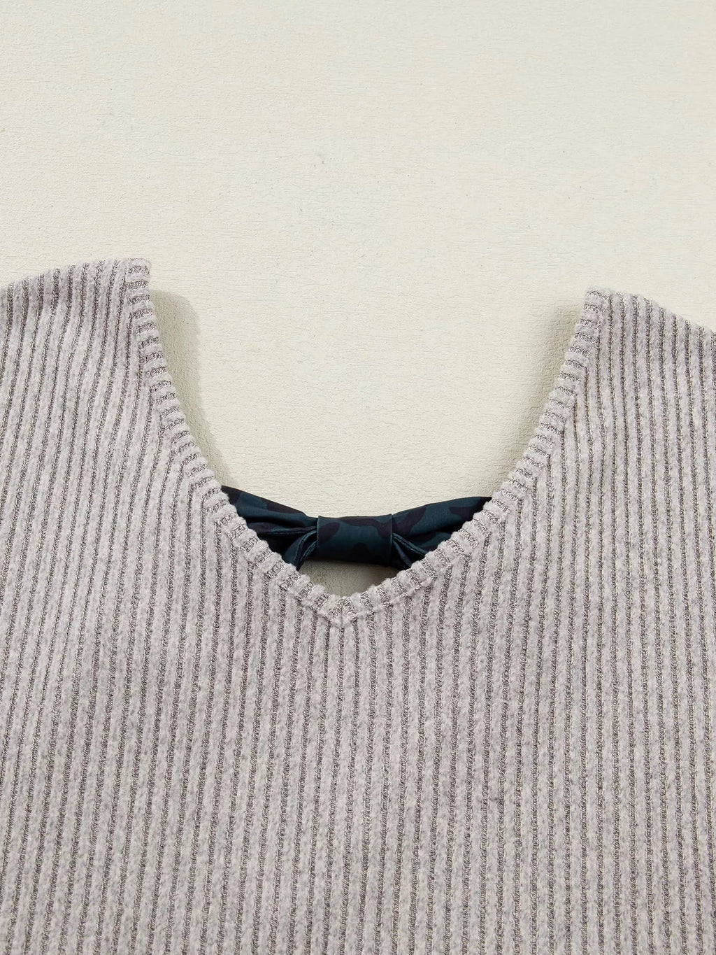 Ribbed V Neck Contrast Ribbon Bow Back Drop Shoulder Long Sleeve Top - Hot Hits