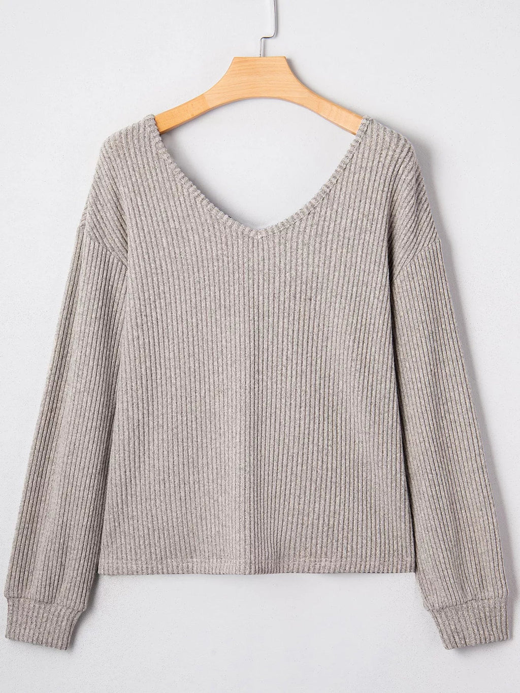 Ribbed V Neck Contrast Ribbon Bow Back Drop Shoulder Long Sleeve Top - Hot Hits