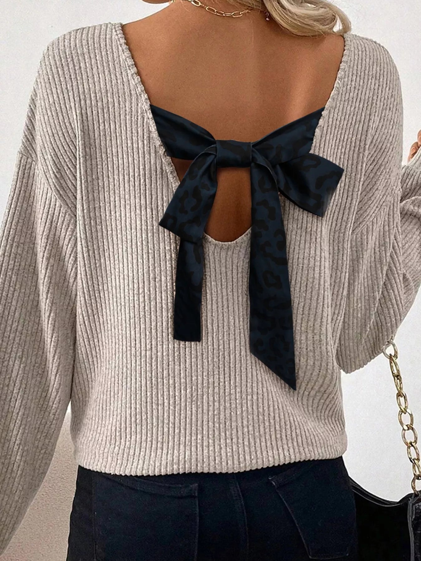 Ribbed V Neck Contrast Ribbon Bow Back Drop Shoulder Long Sleeve Top - Hot Hits