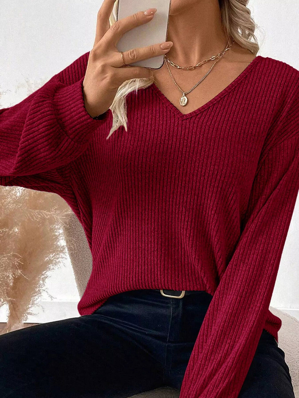 Ribbed V Neck Contrast Ribbon Bow Back Drop Shoulder Long Sleeve Top - Hot Hits