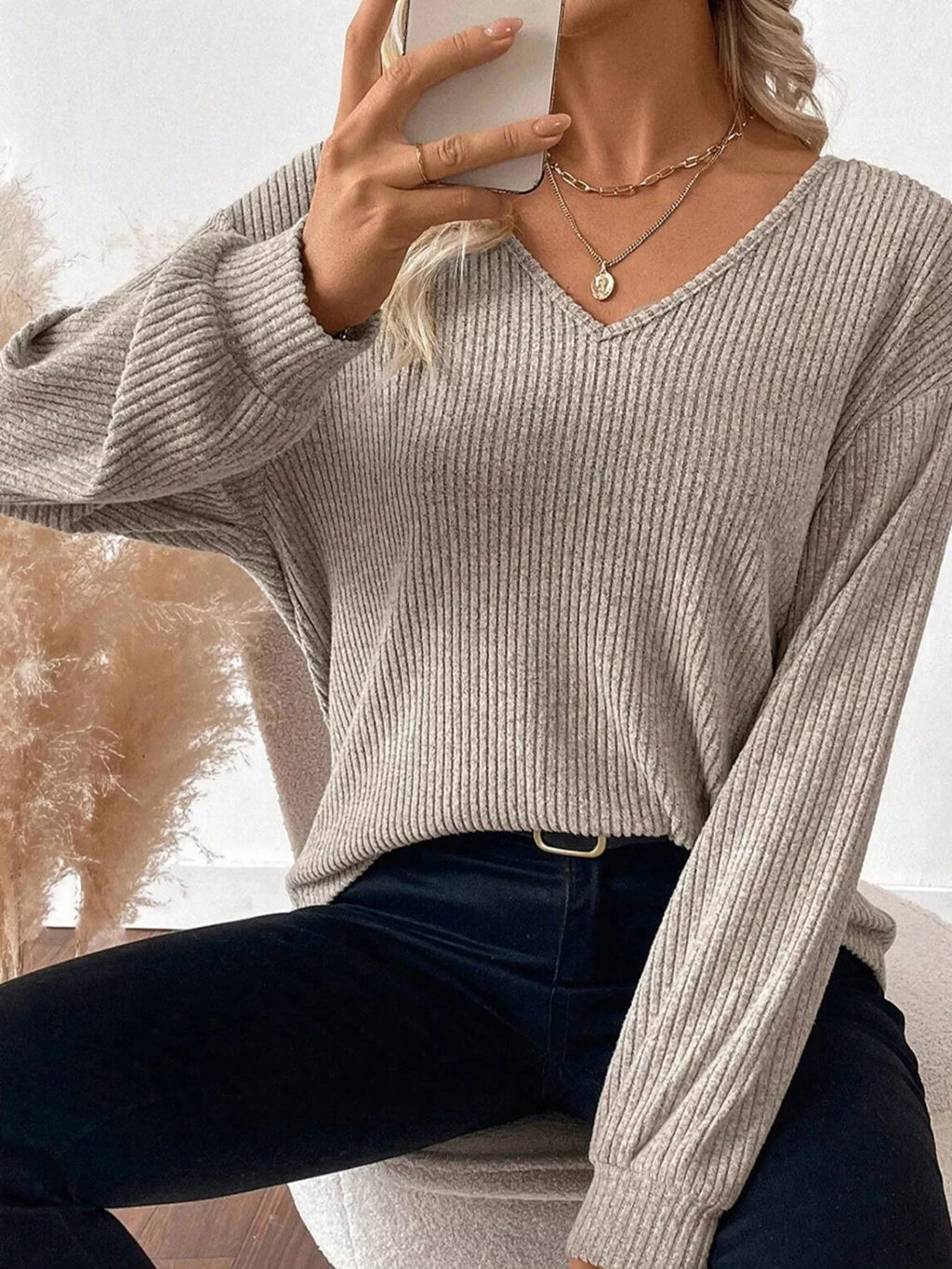 Ribbed V Neck Contrast Ribbon Bow Back Drop Shoulder Long Sleeve Top - Hot Hits