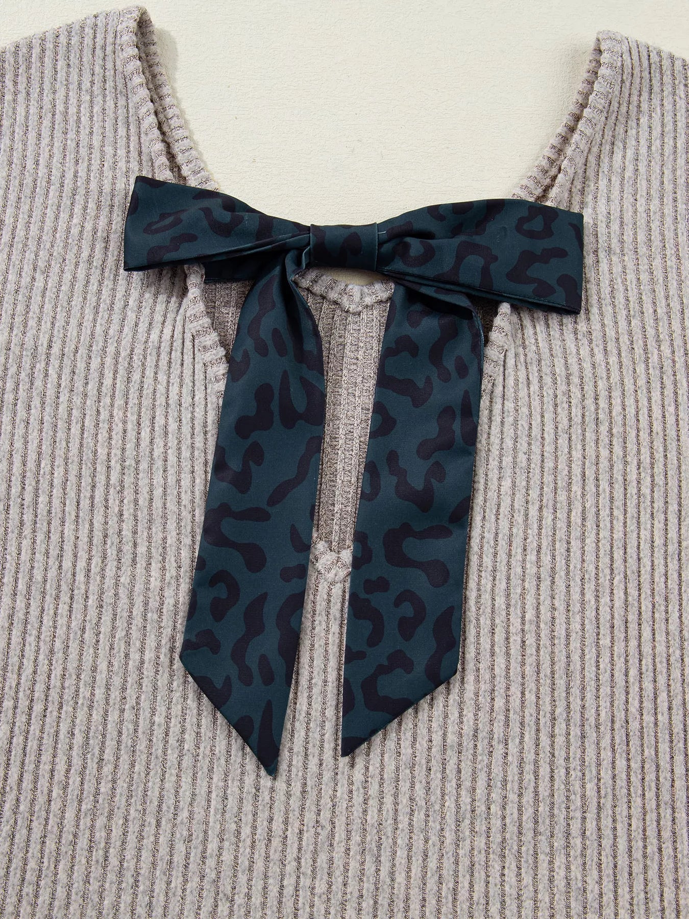 Ribbed V Neck Contrast Ribbon Bow Back Drop Shoulder Long Sleeve Top - Hot Hits