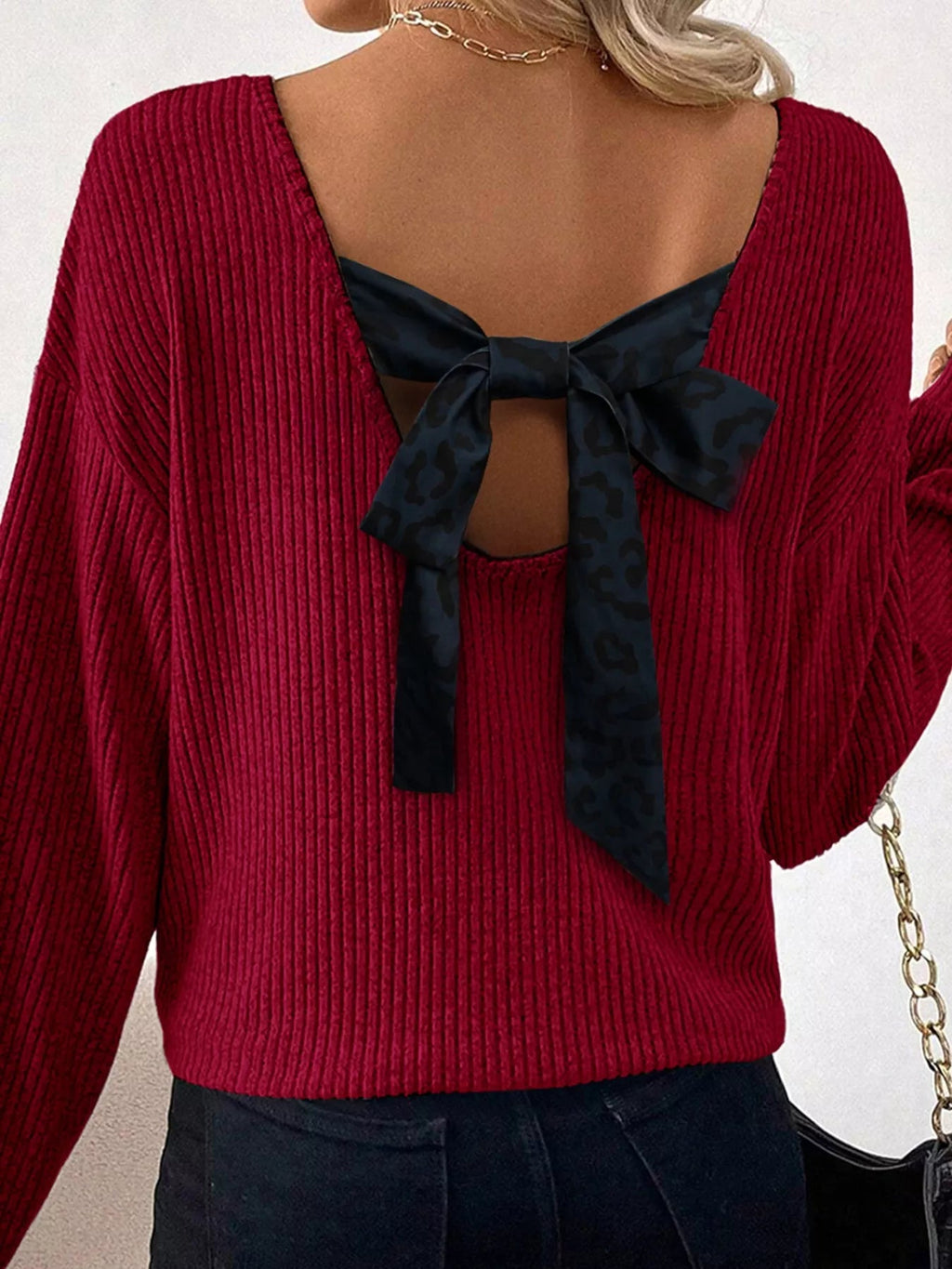 Ribbed V Neck Contrast Ribbon Bow Back Drop Shoulder Long Sleeve Top - Hot Hits