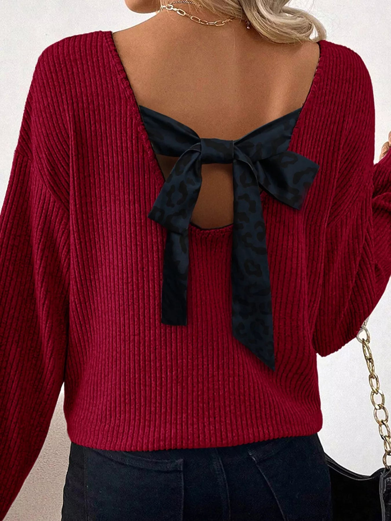 Ribbed V Neck Contrast Ribbon Bow Back Drop Shoulder Long Sleeve Top - Hot Hits