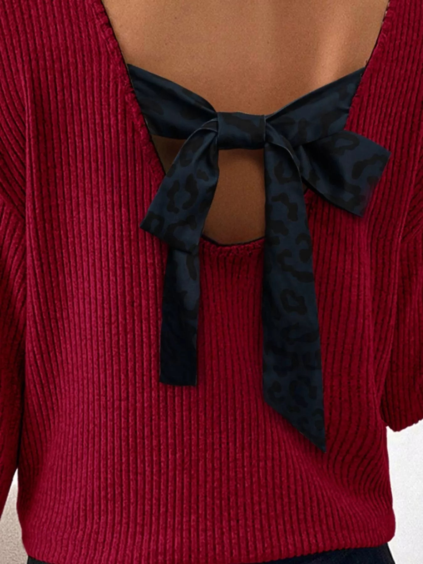 Ribbed V Neck Contrast Ribbon Bow Back Drop Shoulder Long Sleeve Top - Hot Hits