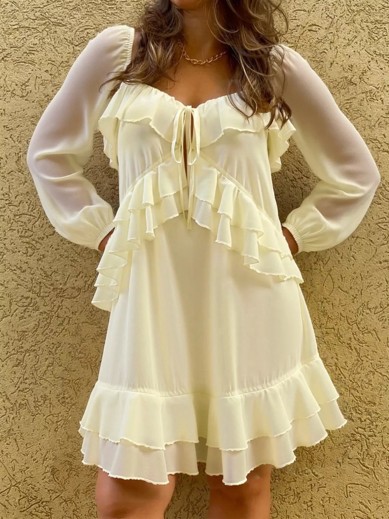 Ruffle Trimmed Long Sleeve Mini Dress - Hot Hits