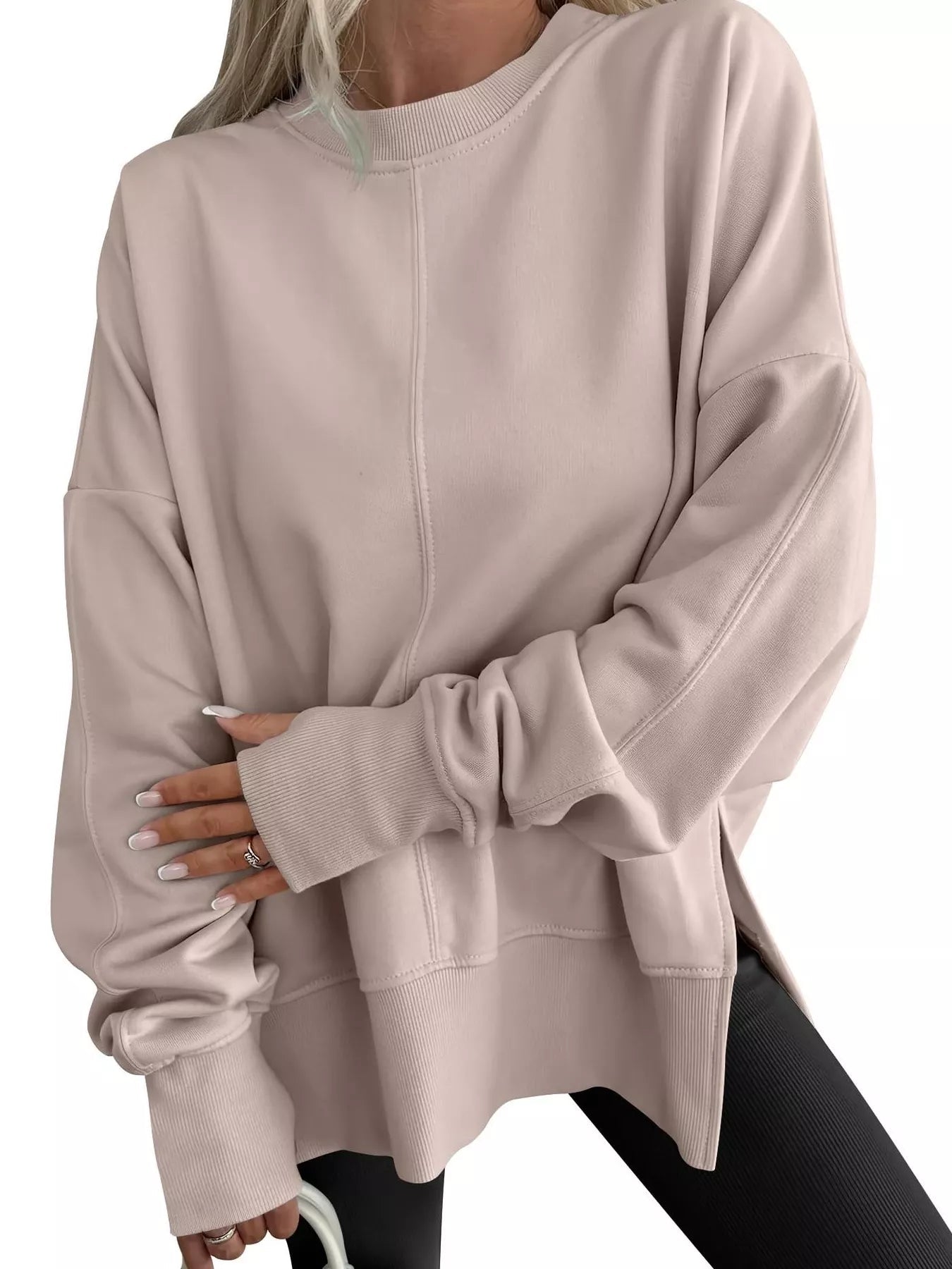 Side Slit Round Neck Long Sleeve Sweatshirt - Hot Hits