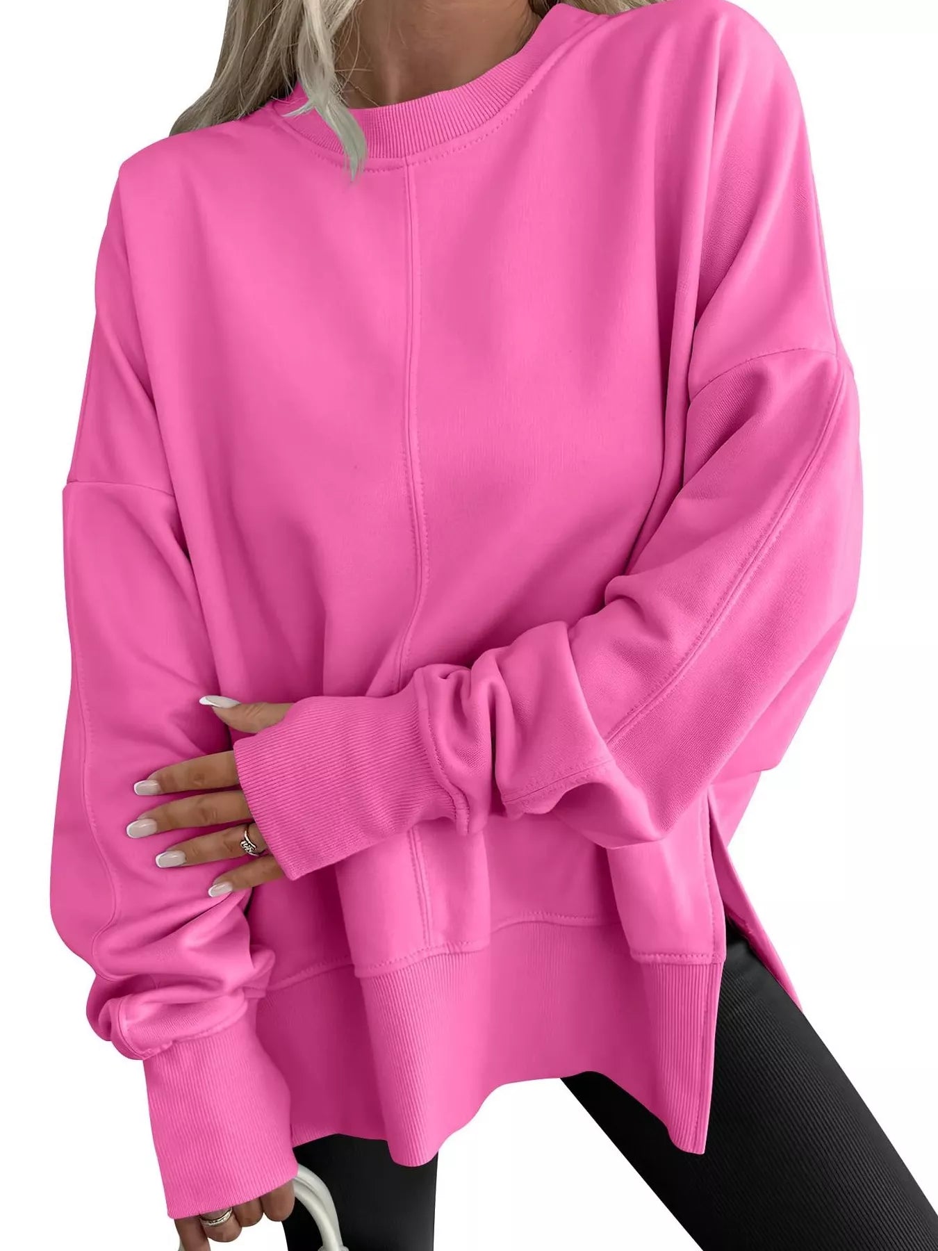 Side Slit Round Neck Long Sleeve Sweatshirt - Hot Hits