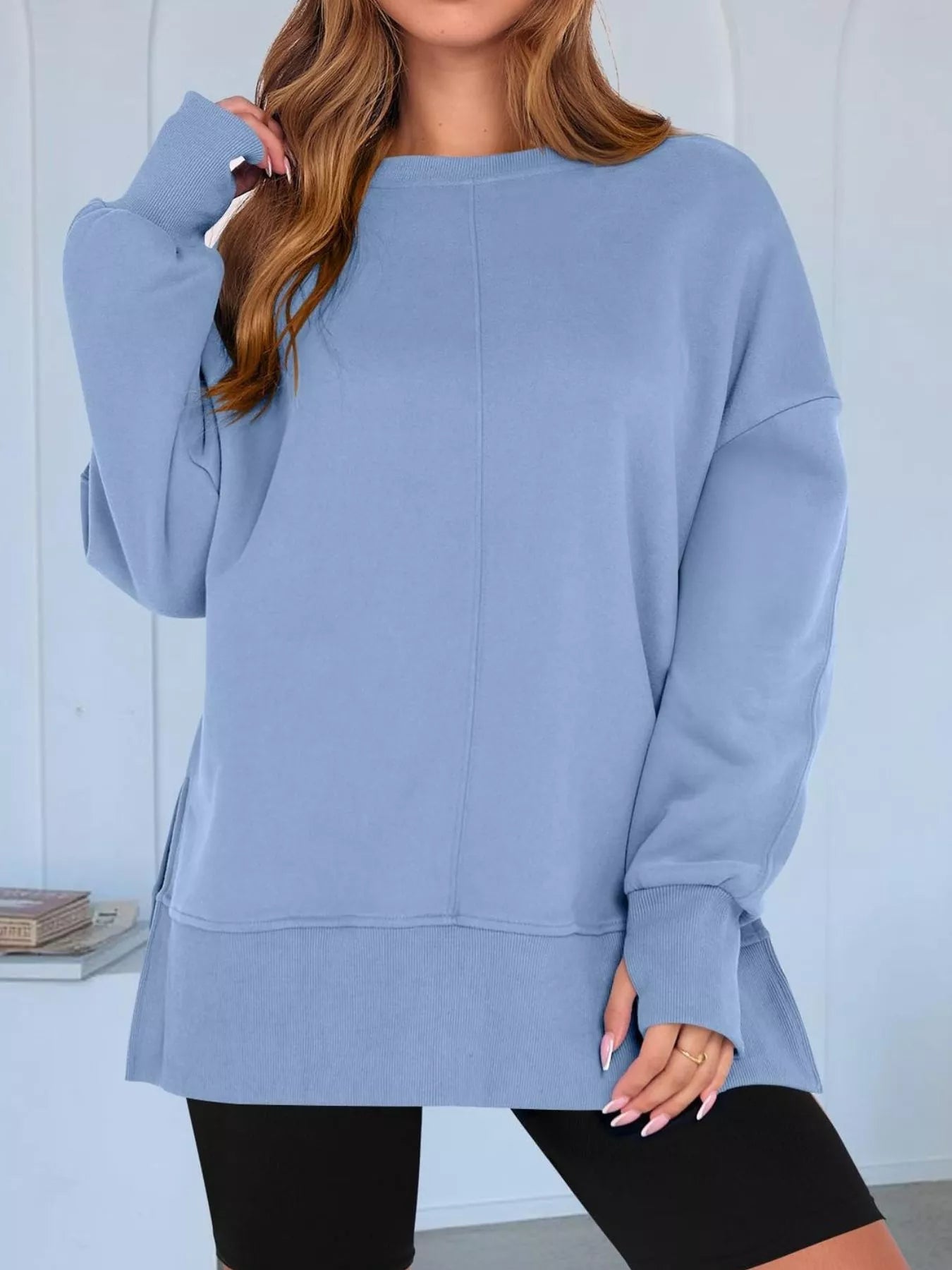 Side Slit Round Neck Long Sleeve Sweatshirt - Hot Hits