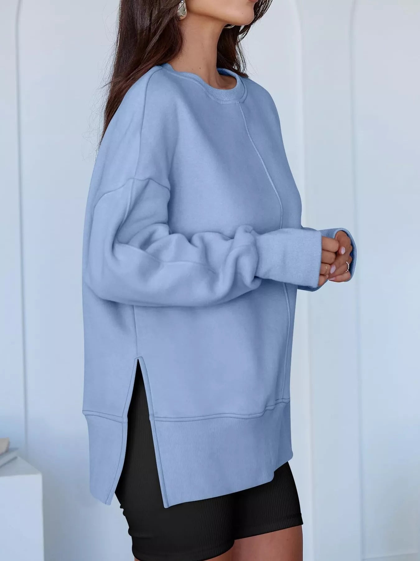 Side Slit Round Neck Long Sleeve Sweatshirt - Hot Hits