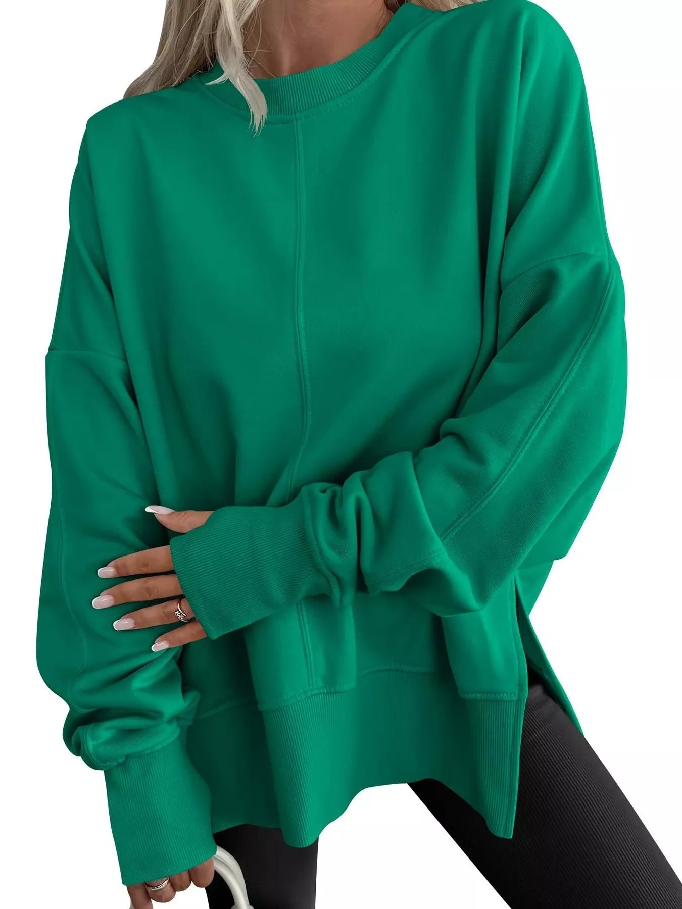 Side Slit Round Neck Long Sleeve Sweatshirt - Hot Hits