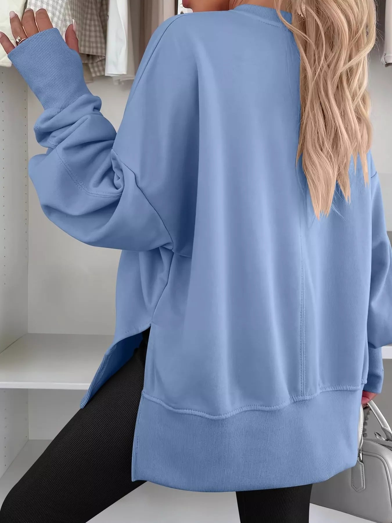 Side Slit Round Neck Long Sleeve Sweatshirt - Hot Hits