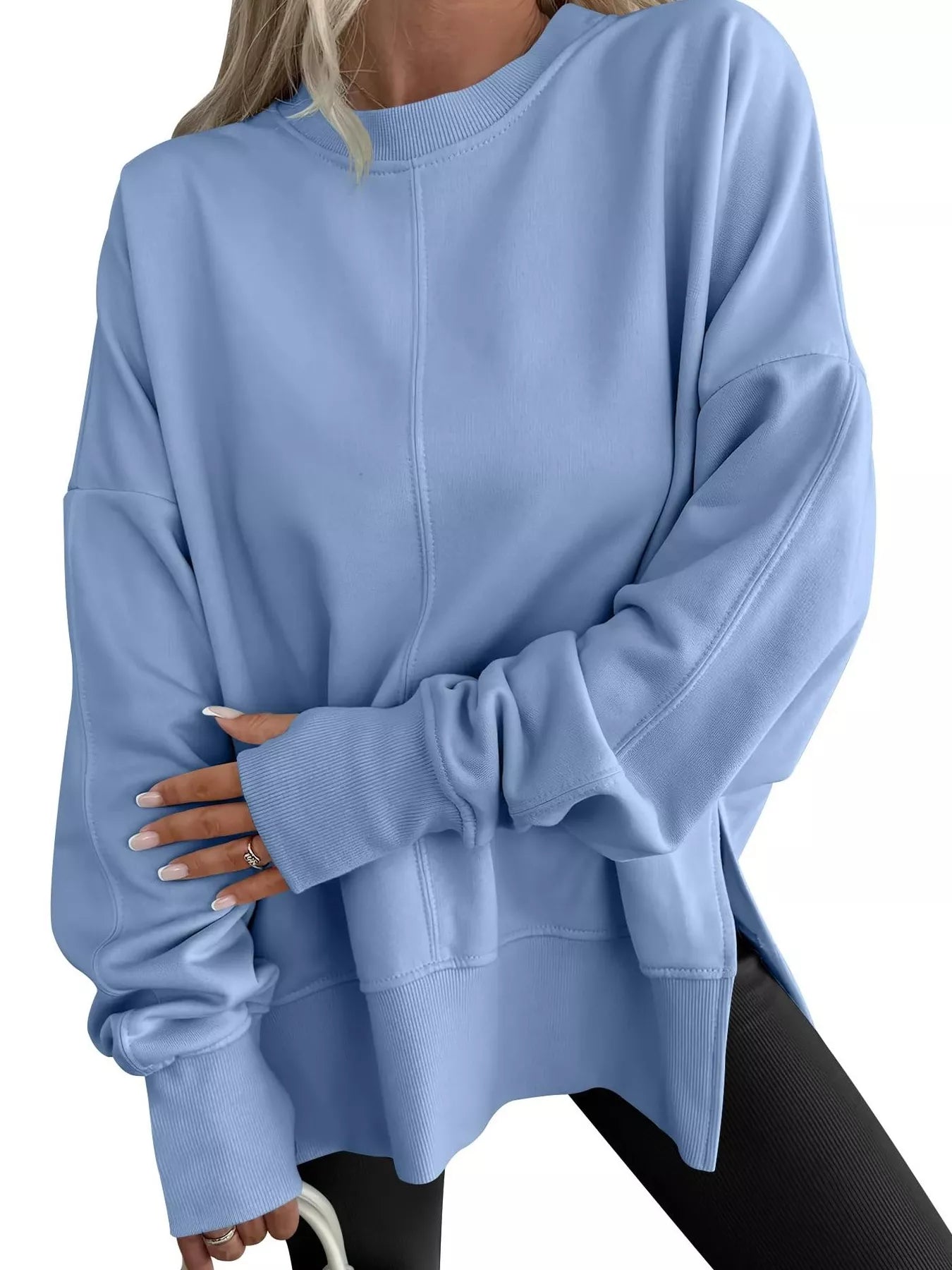 Side Slit Round Neck Long Sleeve Sweatshirt - Hot Hits