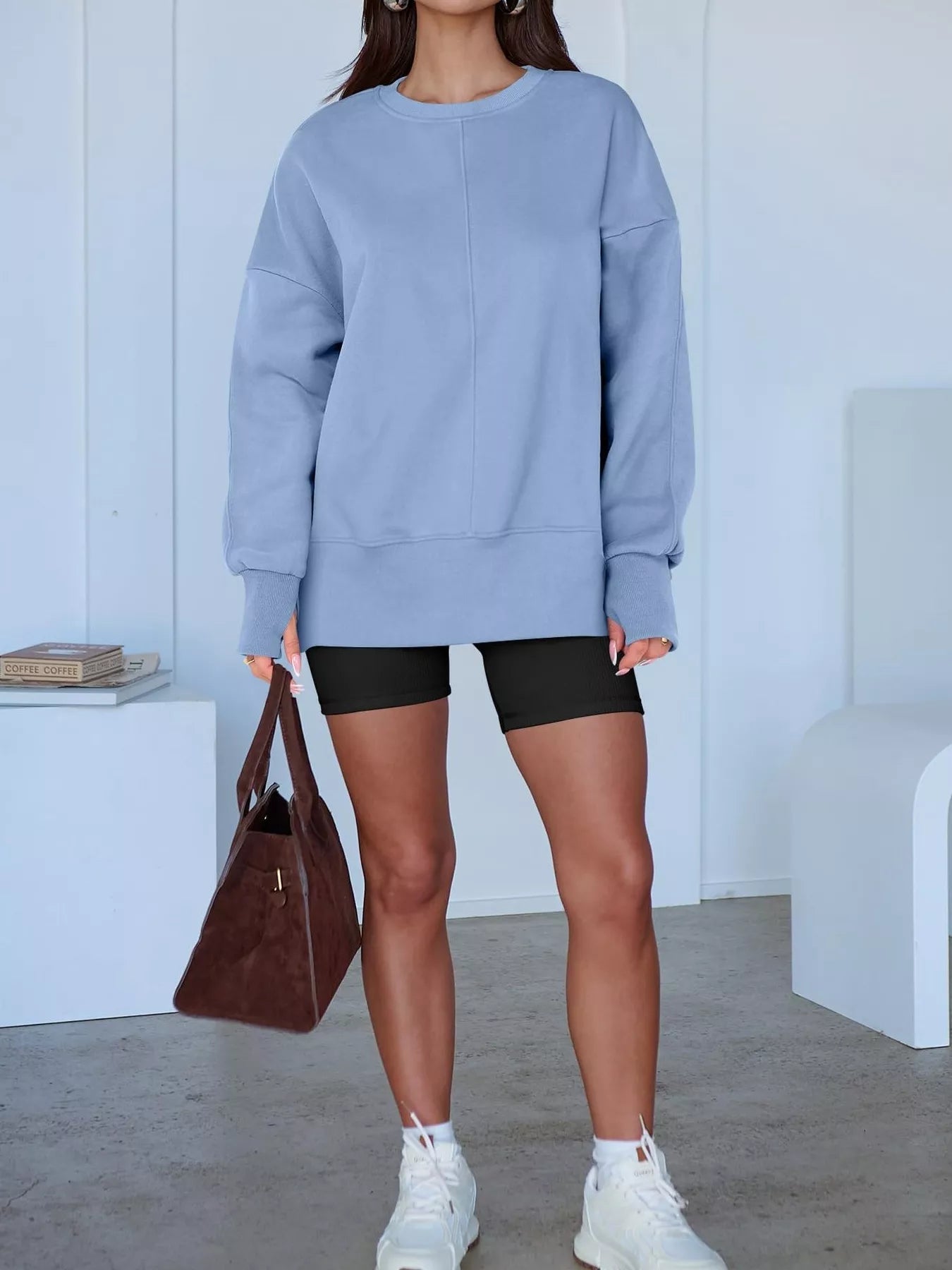 Side Slit Round Neck Long Sleeve Sweatshirt - Hot Hits