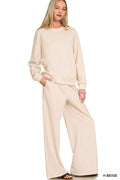 Zenana Scuba Crewneck Pullover and Pants Set - Hot Hits